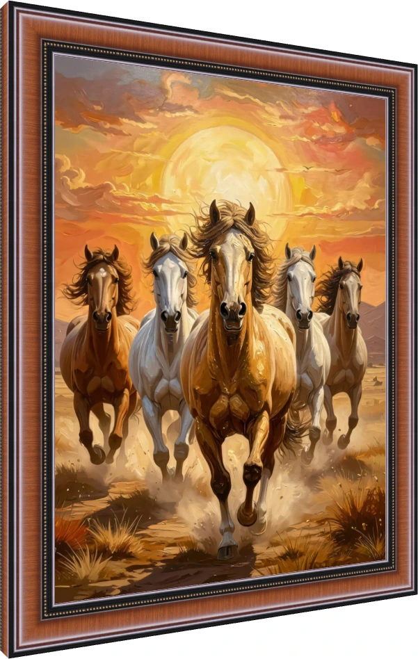 A powerful digital painting of five majestic horses galloping forward under a giant golden sun. — photo frame preview | PrintPosters.in